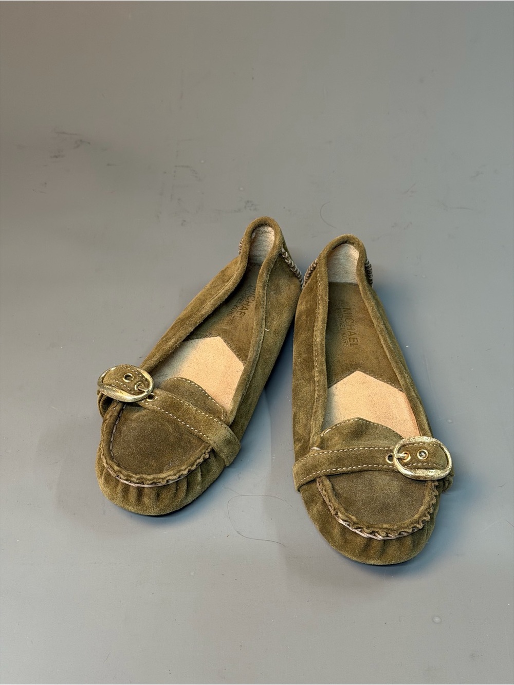 Michael Kors Olive Green Suede Moccasin Loafers with Buckle